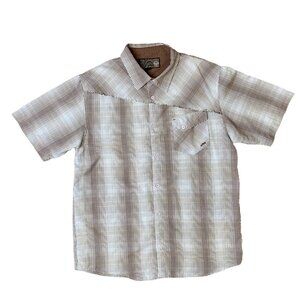 PrAna Short Sleeve Button Up Shirt Mens XL Brown Blue Plaid Raw Edge Detail